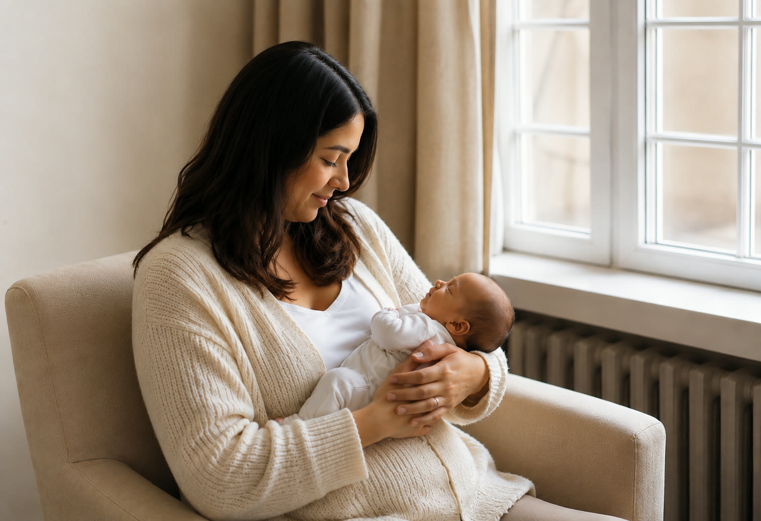 A mother holding her newborn in a sunlit chair at home