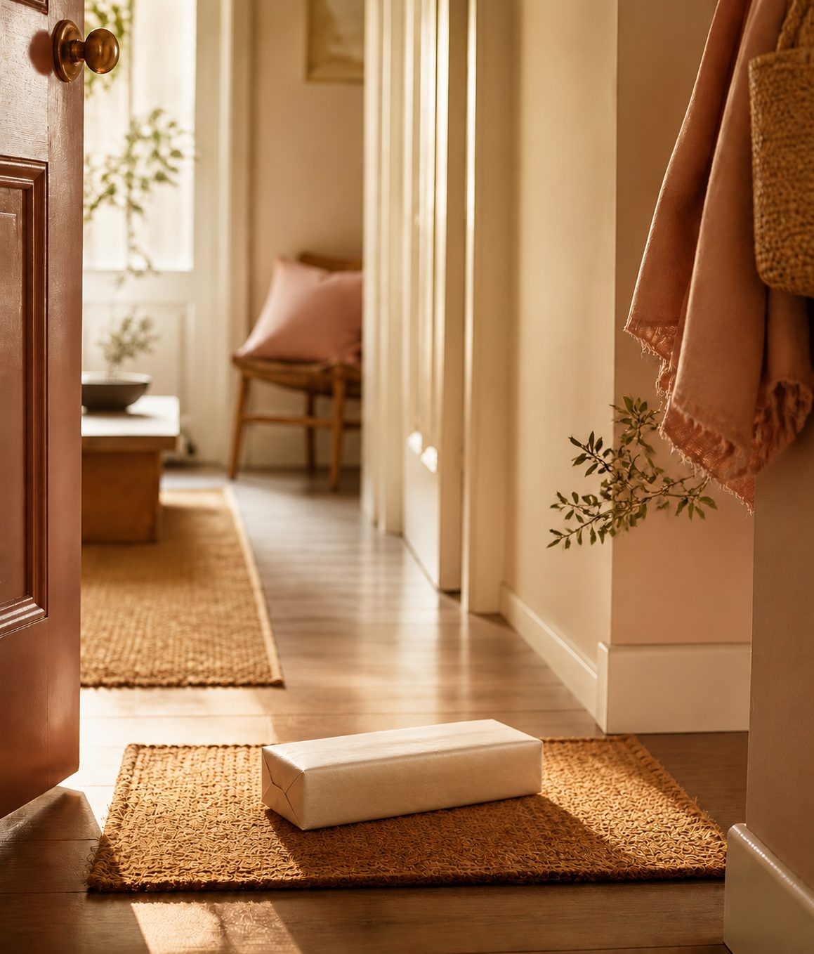 A cream-wrapped parcel waiting in a sunlit hallway at home
